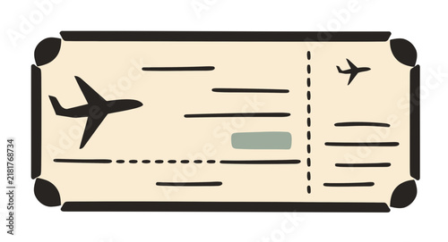 Vintage airplane ticket illustration with stylized planes and travel details.