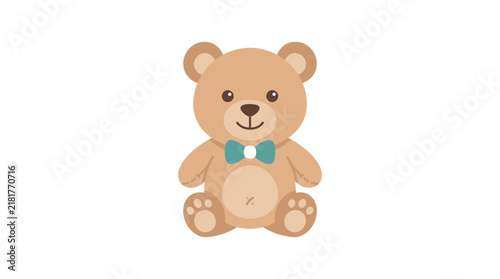 Brown teddy bear toy wearing a teal bow tie sitting on a transparent background