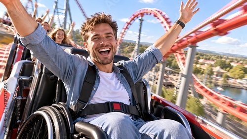 Person in wheelchair enjoys roller coaster ride at amusement park on a sunny day with friends in background