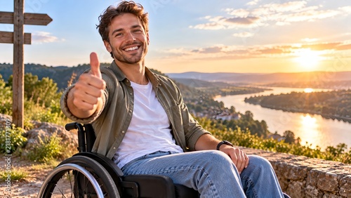 Man in wheelchair giving thumbs up by river at sunset