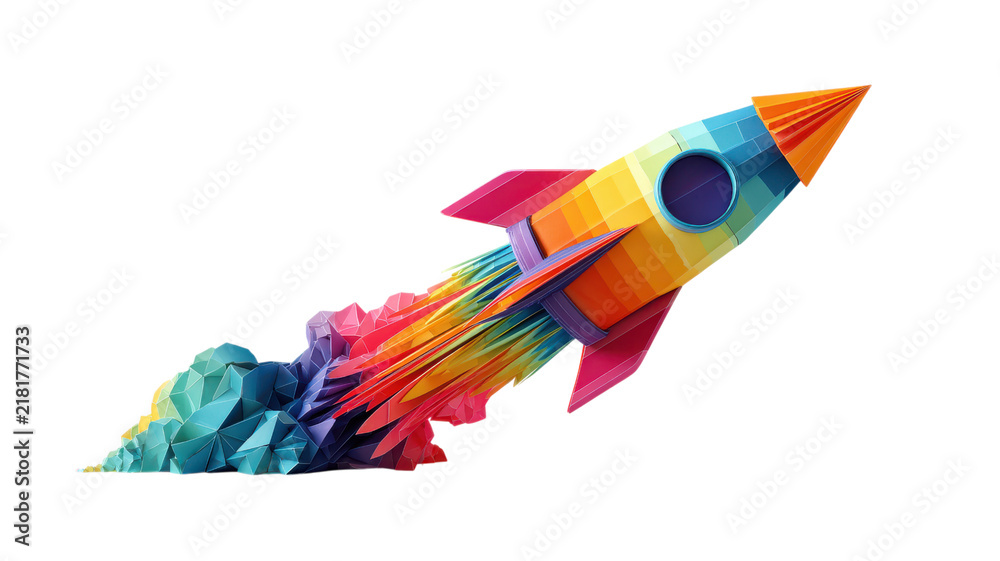 Fototapeta premium Colorful origami rocket launching into space