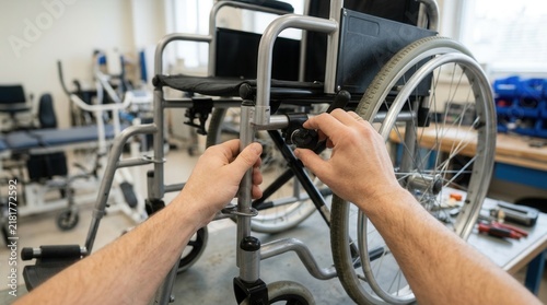 Close-up of hands adjusting a wheelchair, in a rehabilitation or medical equipment workshop setting