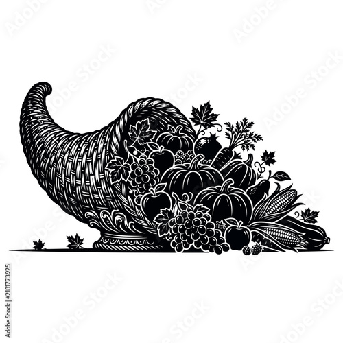 Fotografía Cornucopia horn of plenty overflowing with fruits and vegetables, vector silhouette, pure white background
