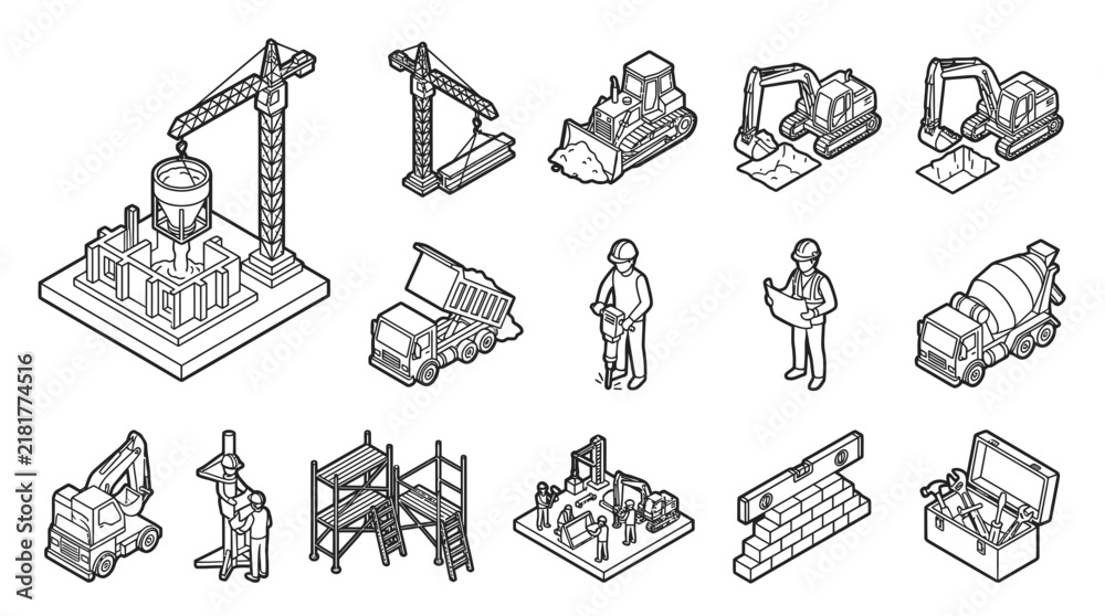 Fototapeta premium This extensive array of isometric line drawings showcases various construction machinery, equipment, and human figures in different roles, alongside common site elements like scaffolding and building.