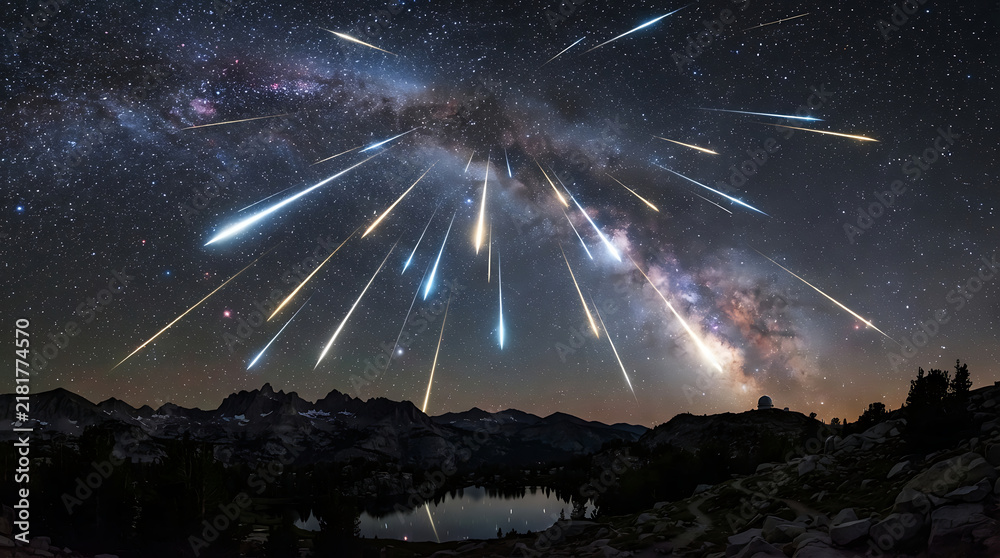 Fototapeta premium Meteor shower over starry mountain landscape