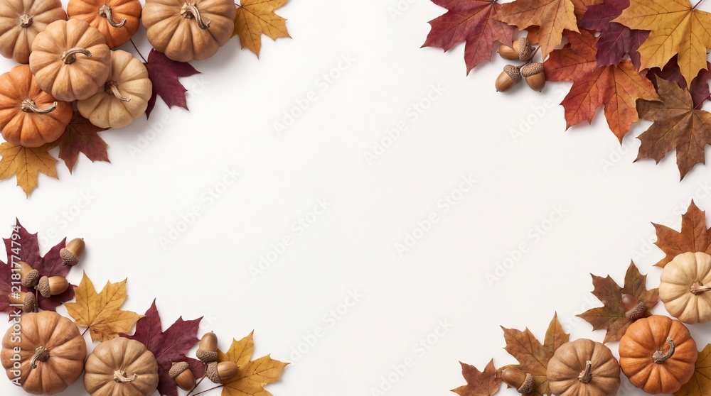 Fototapeta premium A festive thanksgiving background featuring a beautiful frame of colorful autumn leaves and small pumpkins arranged on a clean white surface for your seasonal holiday