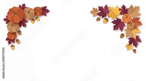 A beautiful thanksgiving corner frame design featuring vibrant autumn leaves pumpkins and acorns isolated on a clean white background for seasonal holiday greeting card decorations