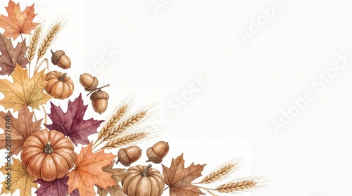 A beautiful watercolor illustration featuring a festive thanksgiving border with autumn leaves pumpkins and acorns isolated on a clean white background for seasonal holiday designs
