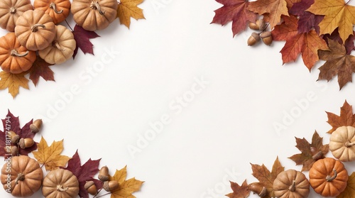 A festive thanksgiving background featuring a beautiful frame of colorful autumn leaves and small pumpkins arranged on a clean white surface for your seasonal holiday