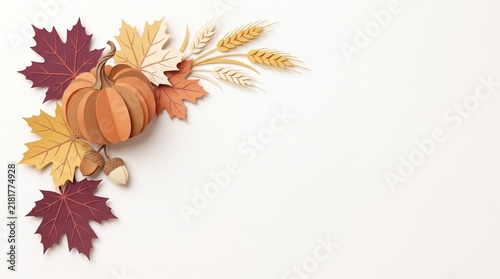 A beautiful festive thanksgiving corner border arrangement featuring a small orange pumpkin surrounded by colorful autumn maple leaves and wheat stalks on a white background