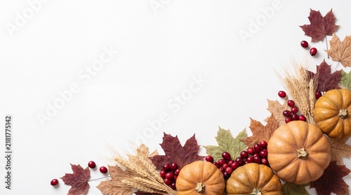 A beautiful festive thanksgiving background featuring orange pumpkins and colorful autumn leaves arranged in a corner frame on a clean white surface for holiday seasonal