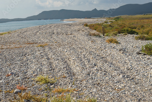 фотографія Wide expanse of gray pebbles along a calm shoreline