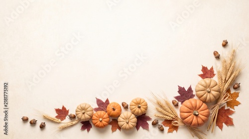 A beautiful festive thanksgiving background featuring assorted decorative pumpkins colorful autumn leaves and dried wheat stalks arranged neatly on a light neutral textured surface space