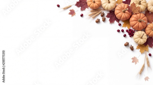 A festive thanksgiving border featuring decorative pumpkins and colorful autumn leaves arranged on a clean white background perfect for seasonal holiday greeting cards and invitations