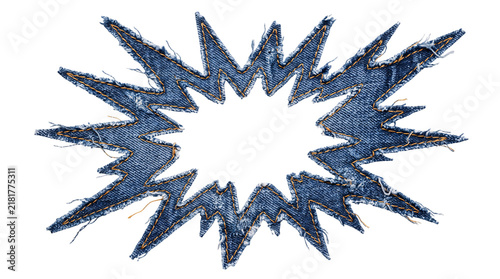 Fotografie Denim starburst explosion patch with frayed edges isolated on png transparent ba