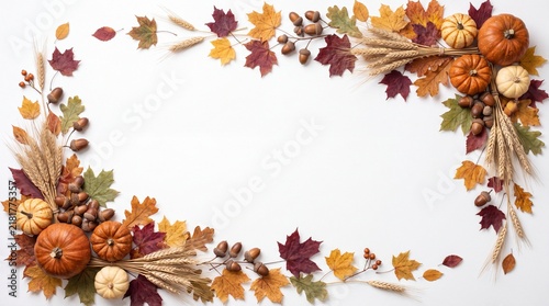 A beautiful rustic thanksgiving border frame made of colorful autumn leaves and small pumpkins isolated on a white background for your seasonal holiday greeting card