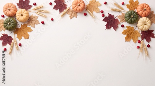 Festive thanksgiving background featuring a beautiful arrangement of colorful autumn leaves small pumpkins and seasonal berries framing a clean white space for your holiday greeting