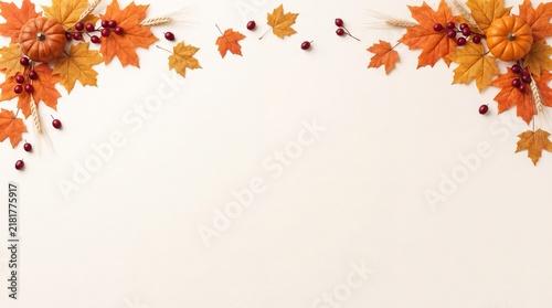 A beautiful festive background featuring vibrant autumn leaves and berries arranged in corners for a creative thanksgiving holiday celebration design template with copy space area