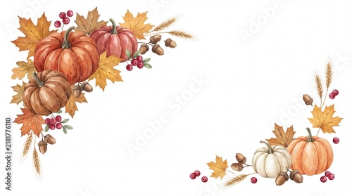 A beautiful watercolor illustration featuring orange pumpkins and autumn leaves arranged in a decorative corner frame perfect for seasonal thanksgiving holiday invitations or festive greeting