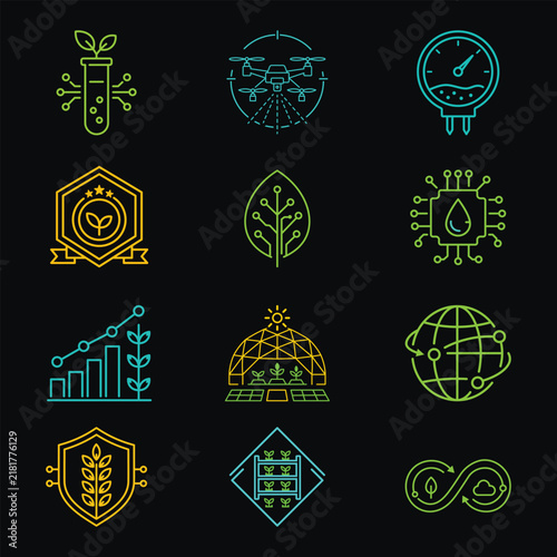 Premium Smart Agro Tech and Sustainable Farming Vector Icon Bundle, Modern Organic Crop Growth Analytics and Cyber Agriculture Line Art Elements Set
