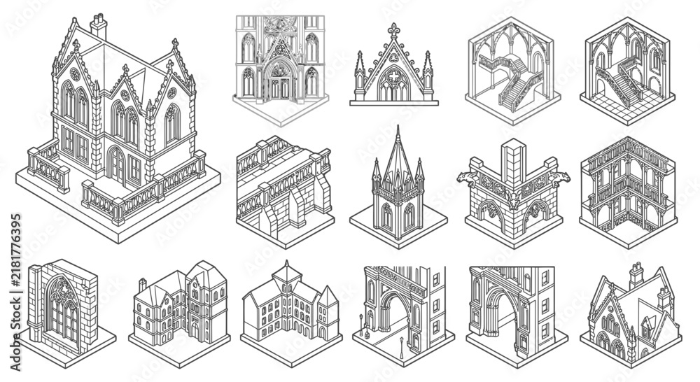 Obraz premium Isometric illustrations present a collection of intricate architectural elements and building structures, including churches, arches, and various ornate facades.