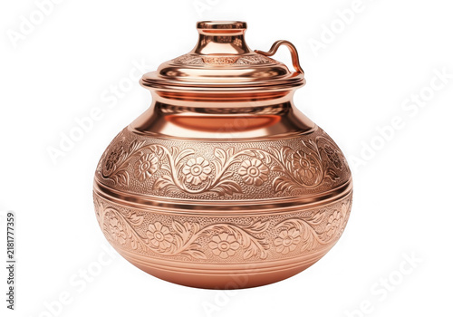 Traditional copper decorative vessel with intricate engravings and ornate lid