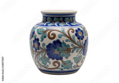 Decorative ceramic vase with intricate floral and bird motifs in vibrant colors