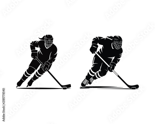 ice hockey player silhouette, skating with hockey, hockey player silhouette, lady ice hockey attackers black vector design illustration set collection