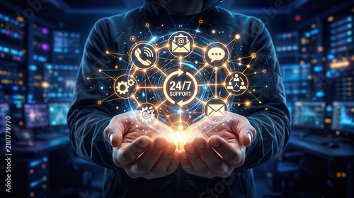 A professional holding a glowing digital interface representing twenty four seven customer service and global business support technology solutions concept