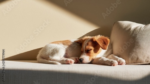 Puppy sleeping on minimalist sofa with heart cushion and blank cream wall