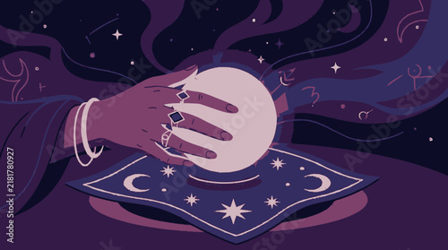 A mystic fortune teller hand over glowing crystal ball in magical space