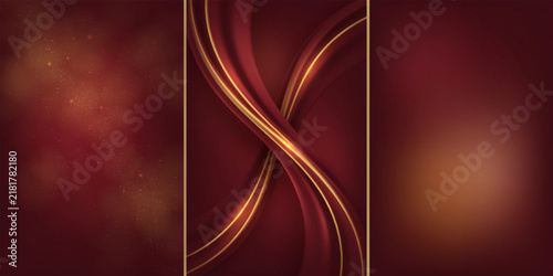 Deep maroon and gold background, set with blurred, particles, flowing silk, ribbons, and warm, glow effect