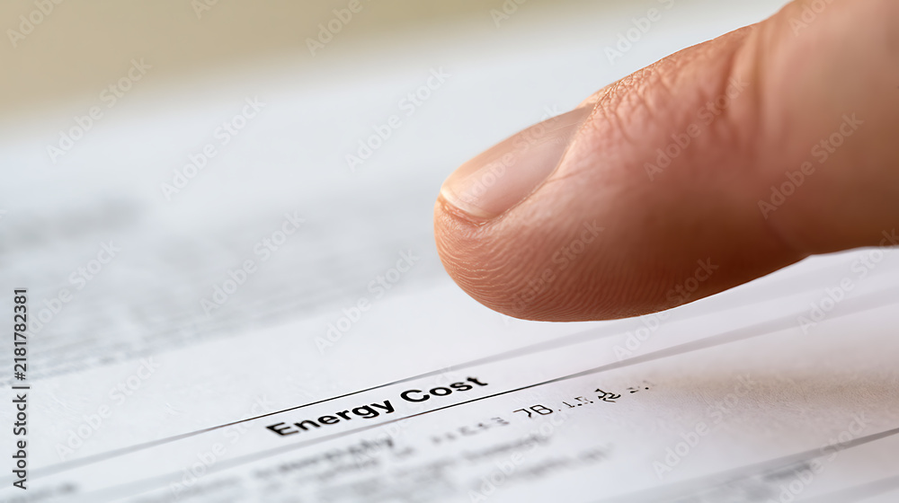 Obraz premium Close up of a person pointing finger at energy cost bill paper document, household utility expense concept for financial budget and economy