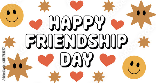 Happy Friendship Day Retro Typography Vector Graphic with Smiling Faces and Heart Elements