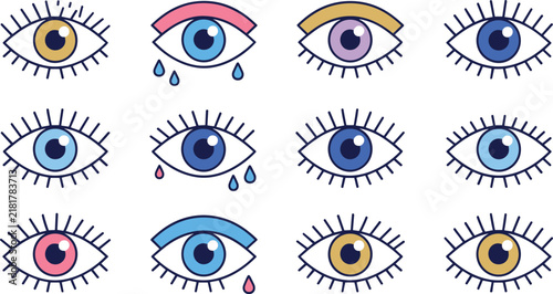 Stylized Eye Vector Icon Set with Eyelashes, Tear Drops, and Eye Shadow Elements