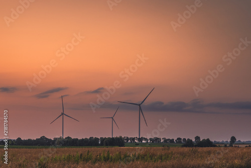 Wind turbines in the farmland of the Pałuki region