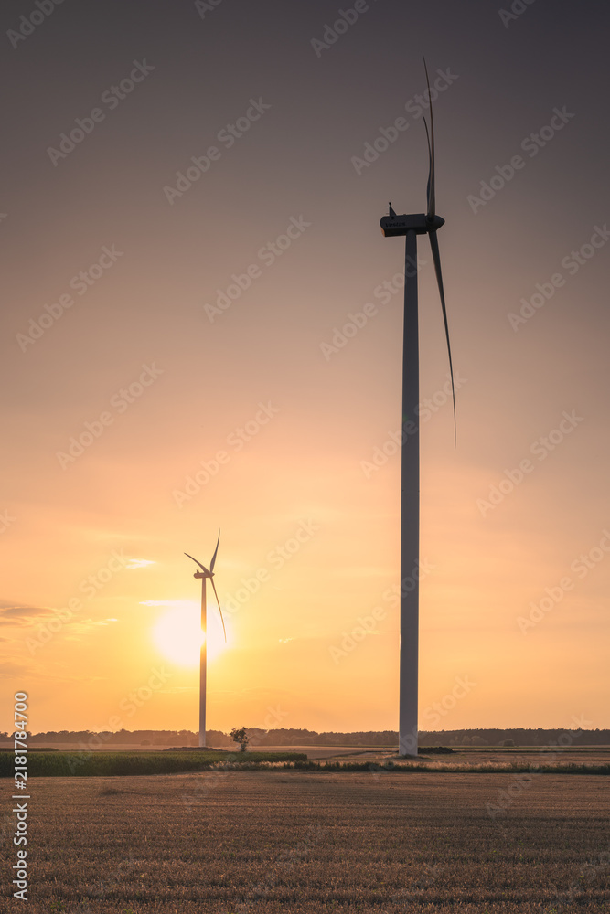Obraz premium Wind turbines in the farmland of the Pałuki region