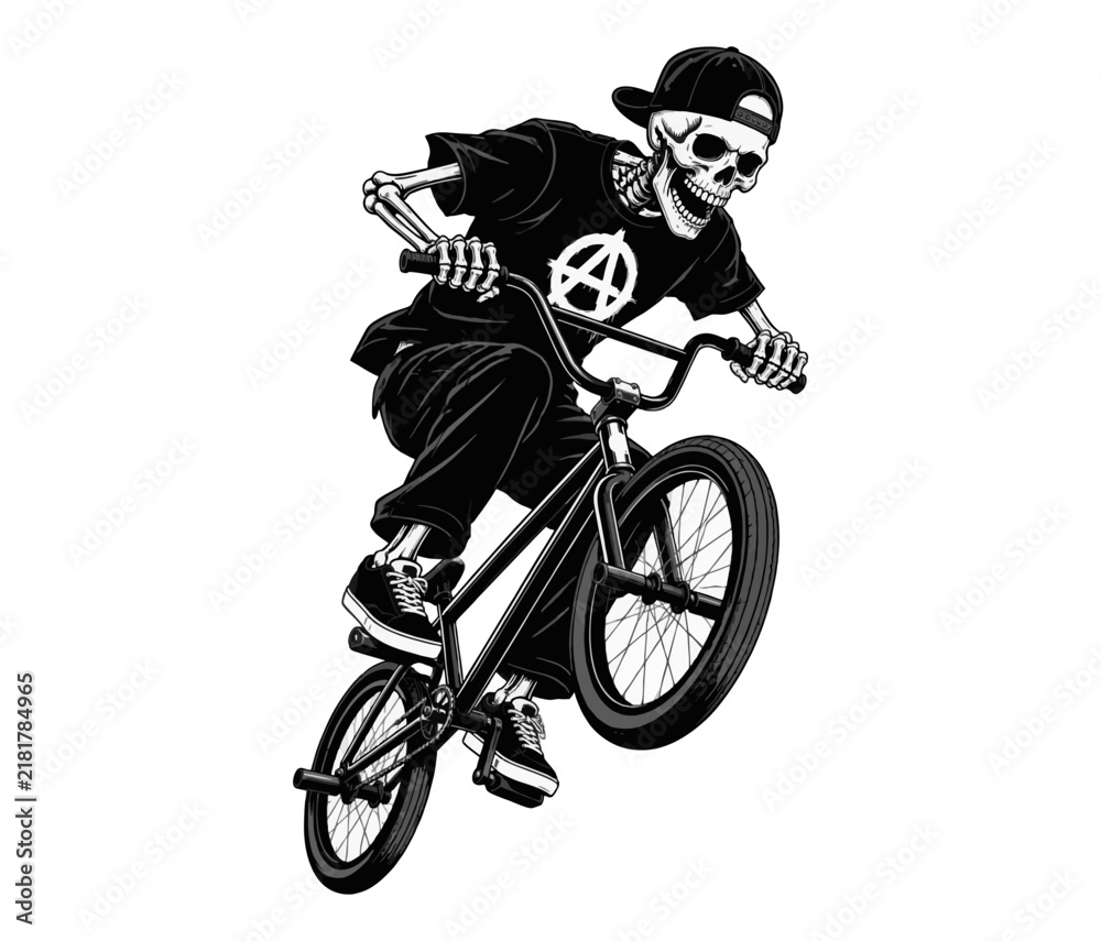 Obraz premium vector illustration of a skull skeleton riding a bicycle isolated on a white background. 