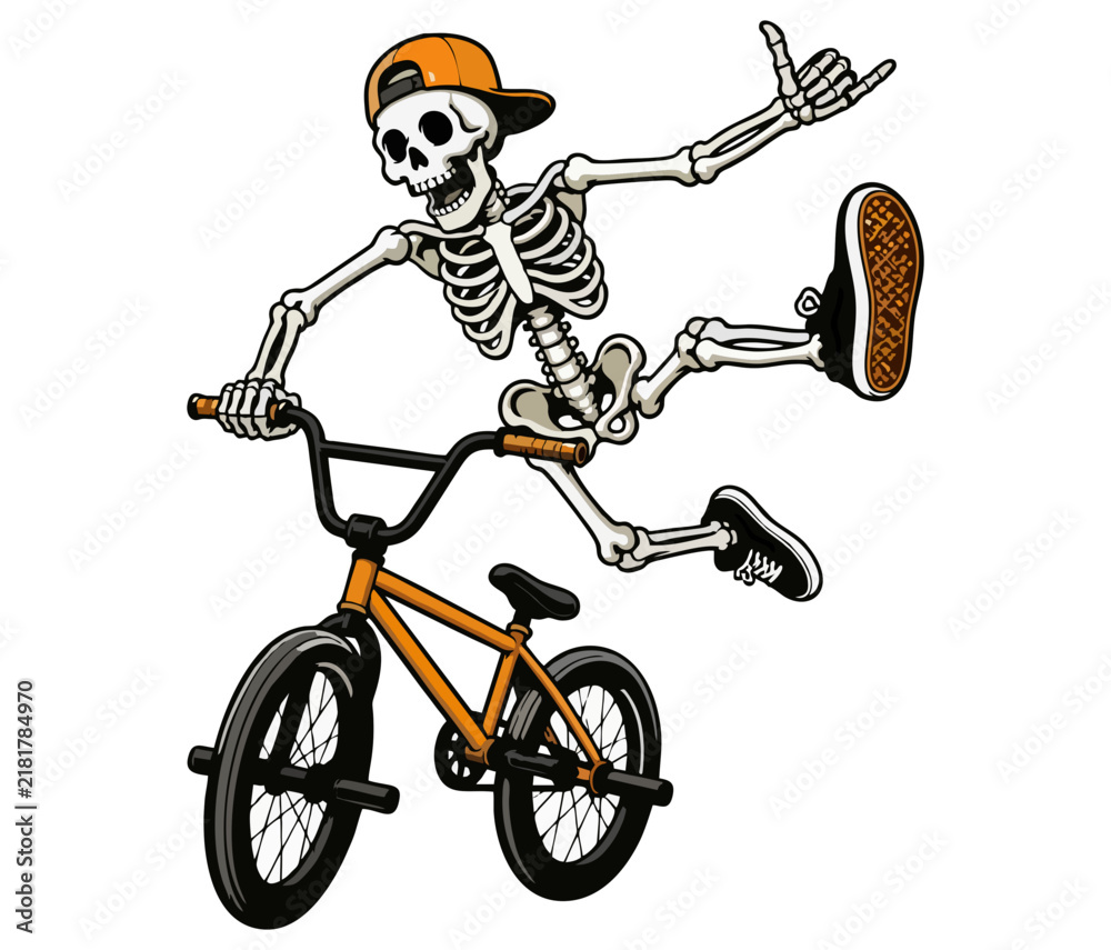 Obraz premium vector illustration of a skull skeleton riding a bicycle isolated on a white background. 