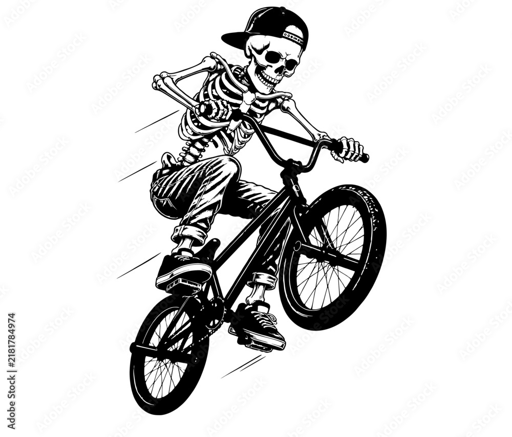 Obraz premium vector illustration of a skull skeleton riding a bicycle isolated on a white background. 