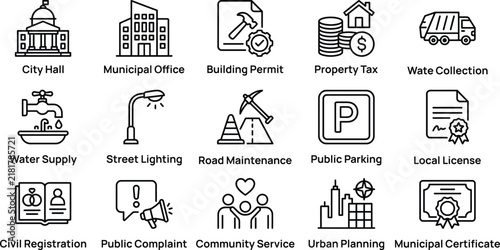 Municipality Service Outline Icons for Local Government, Civic Administration, Public Utilities and Urban Planning
