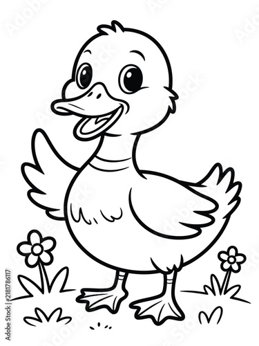 Принти на полотні Cute cartoon duckling coloring page black and white line art vector illustration
