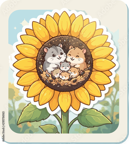 Cute family hamsters inside sunflower illustration