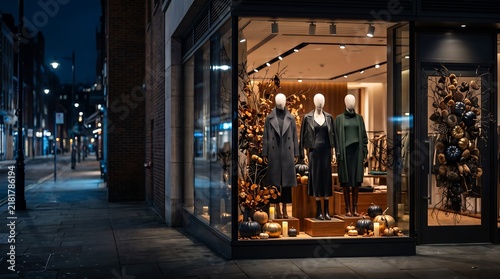 Halloween fashion boutique store window display at night with mannequins