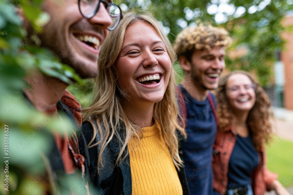 Fototapeta premium Young adult friends laughing together in university courtyard