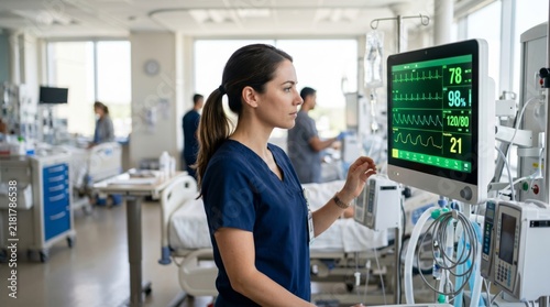 Female nurse monitoring vital signs on a hospital screen, surrounded by a busy healthcare environment.