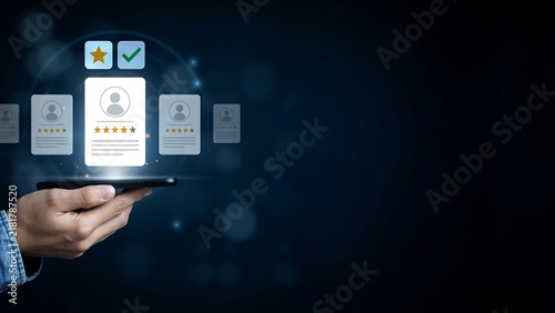 Digital recruitment and candidate evaluation on smartphone screen with star rating feedback system in dark cinematic style for human resources