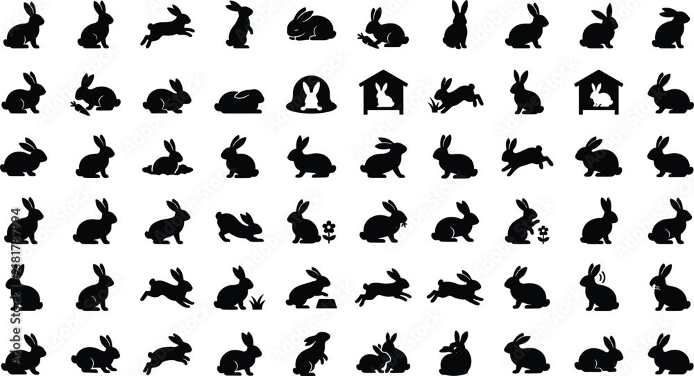 Obraz premium Cute Rabbit and Bunny Poses Glyph Icon Set Featuring Hopping, Sitting, Sleeping, Eating Carrots, and Easter Bunny Vector Symbols