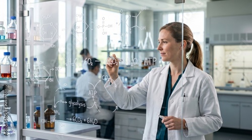 A female Caucasian scientist in a lab coat writes chemical equations on a glass board, showcasing her expertise and focus in research.