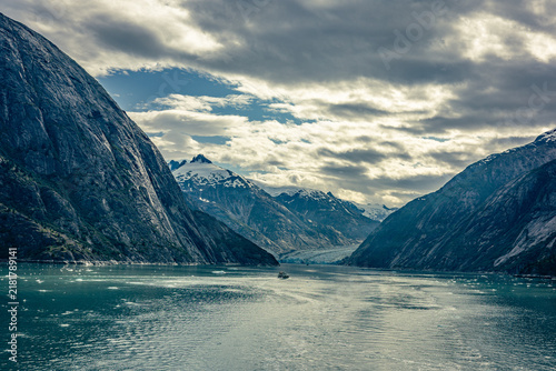 Glacier and Towering Mountains in a Scenic Alaskan Fjord